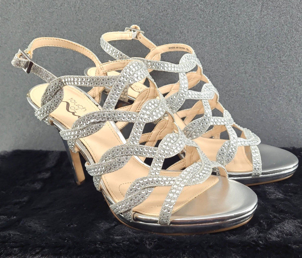 Touch of Nina Ravinna1 Platform Heels Silver Rhinestone Shoes Womens 7.5M Box